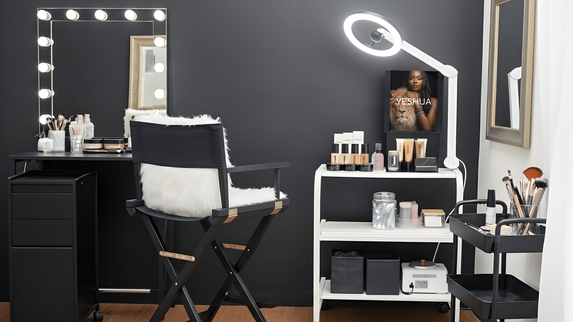 A makeup room with cosmetics