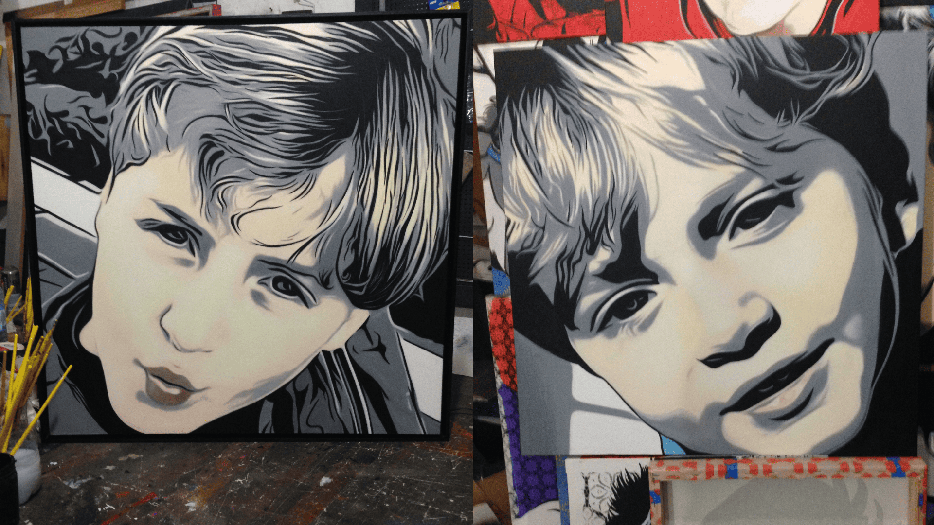 Pintura personalizada em estilo Pop Art com cores vibrantes e temas icônicos, perfeita para decoraçã