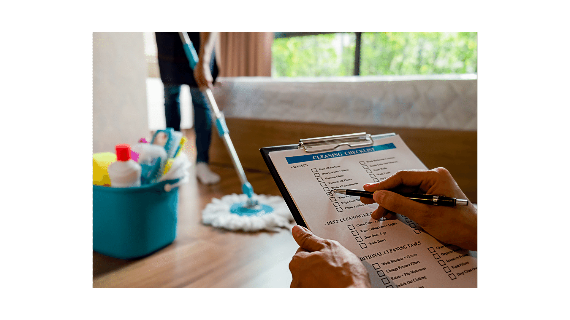a person holding a clipboard with a clipboard and a pen