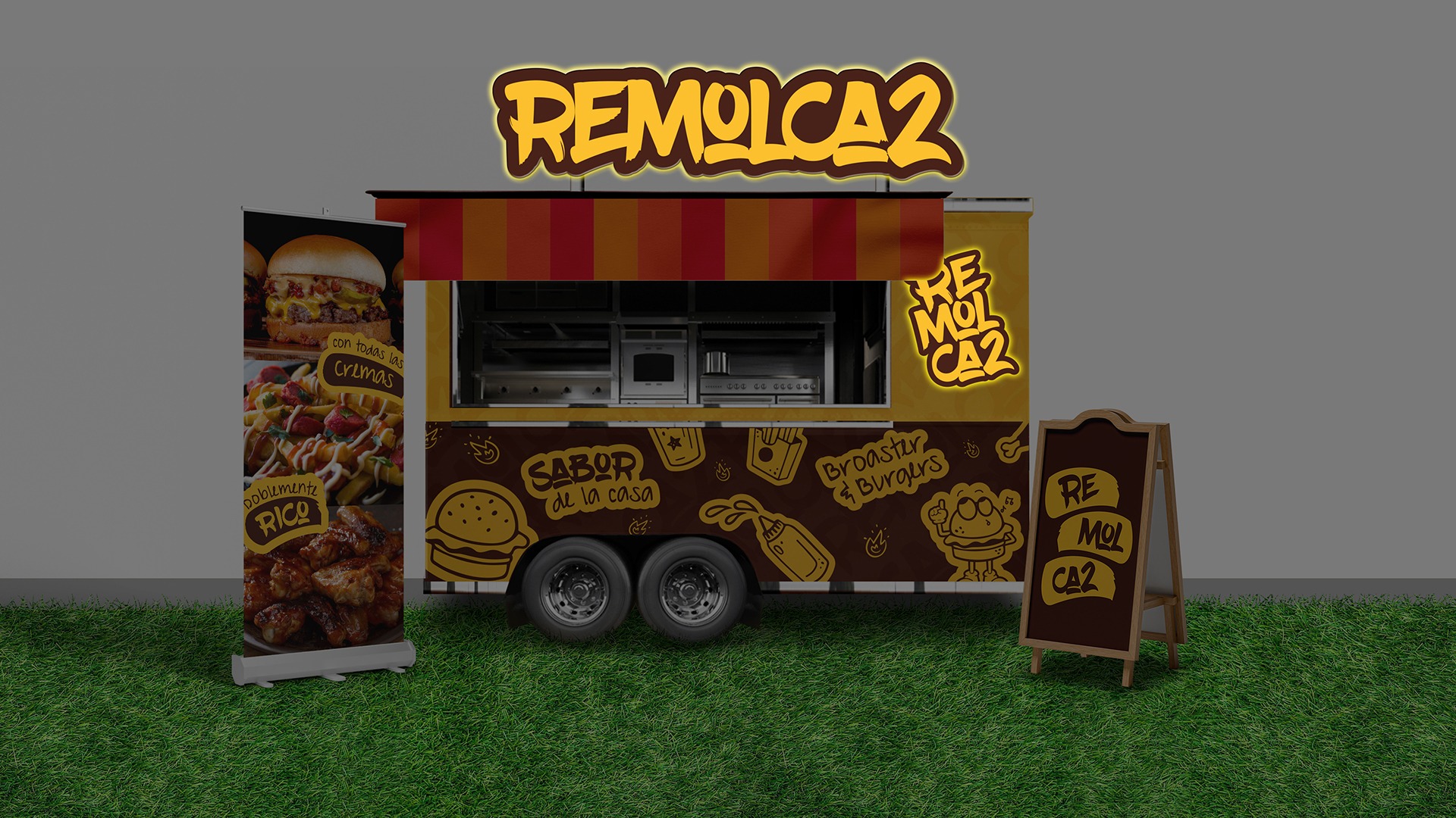 Vista frontal de noche de carro de comida rápida de Remolca2 Foodtruck