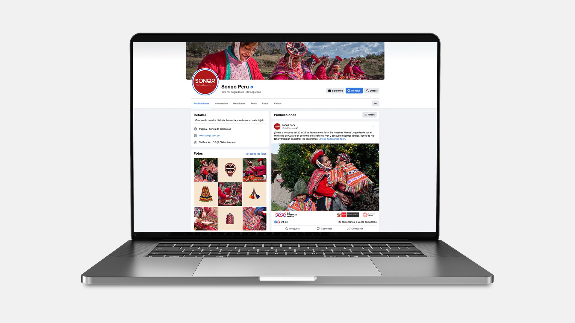 Mockup de fanpage de Facebook de Sonqo Textilería Ancestral