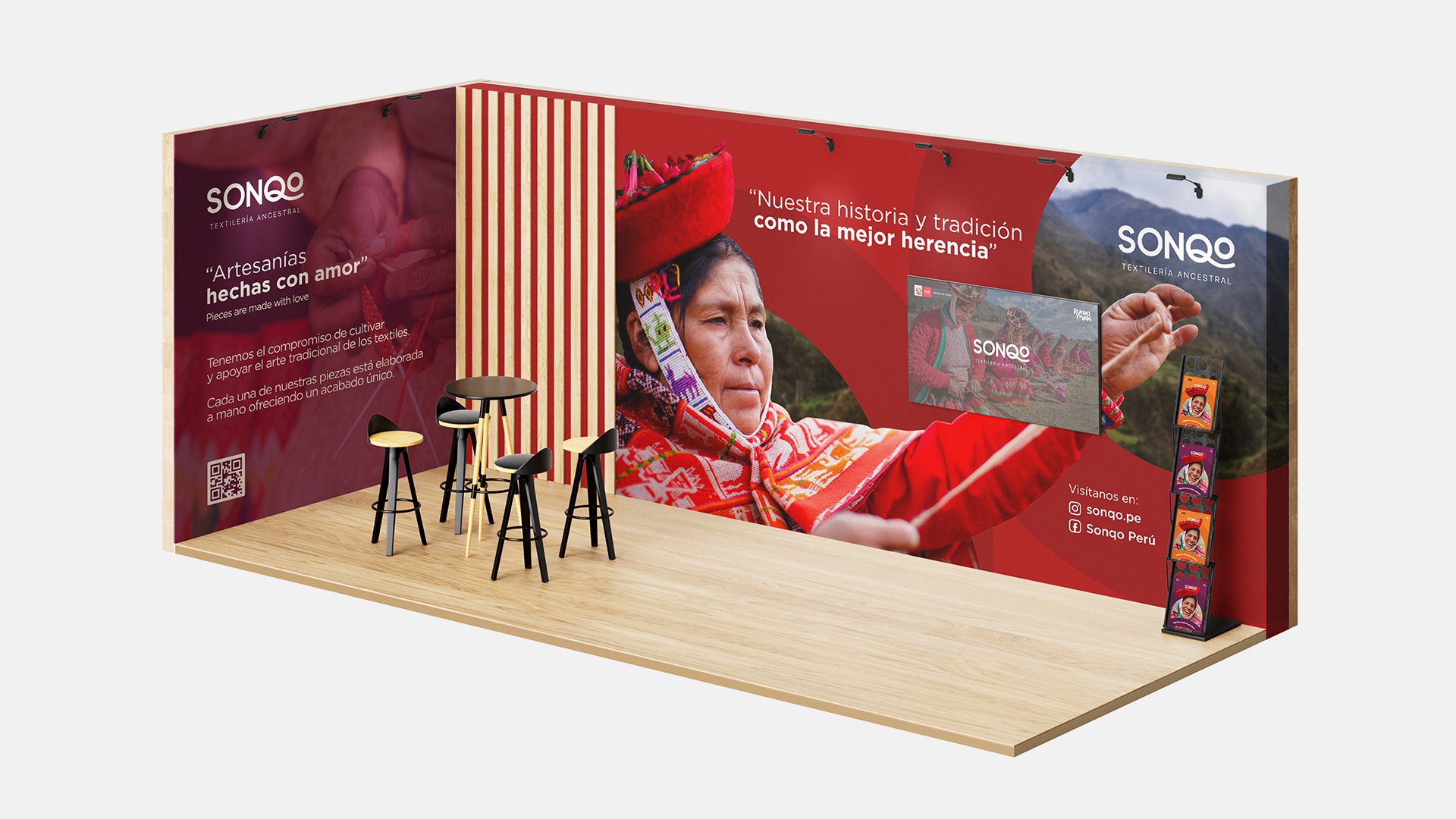 Mockup de Stand de evento de Sonqo Textilería Ancestral