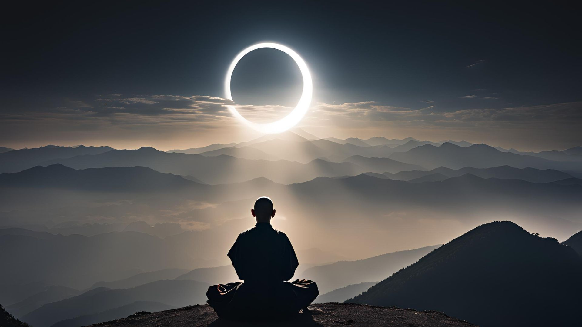 homme qui medite face a une eclipse de soleil sur une montagne, bien-etre, retour a soi, magnetiseur nantes chrsophe meunier