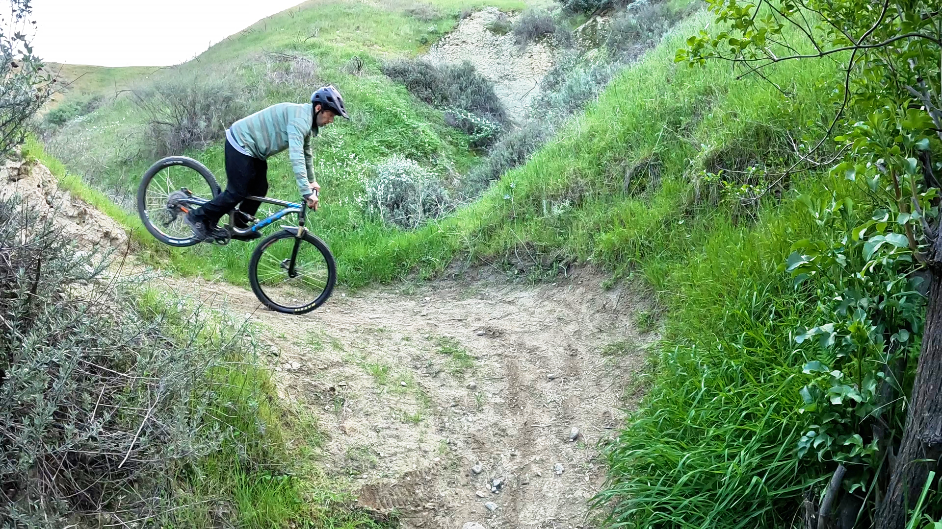 Rider modulating front brake to control rear wheel height during a stoppie pivot on a narrow trail
