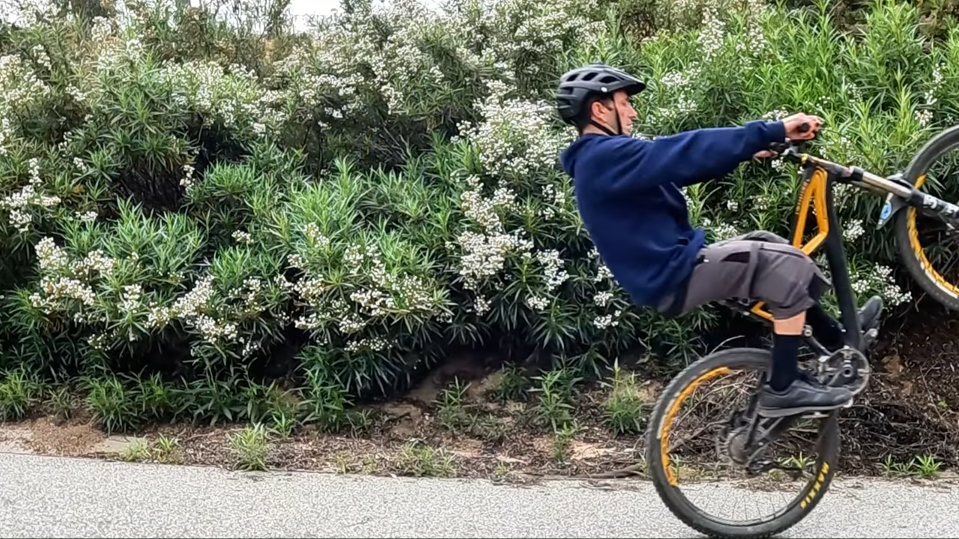 mountain biker in the balance point of seated manual