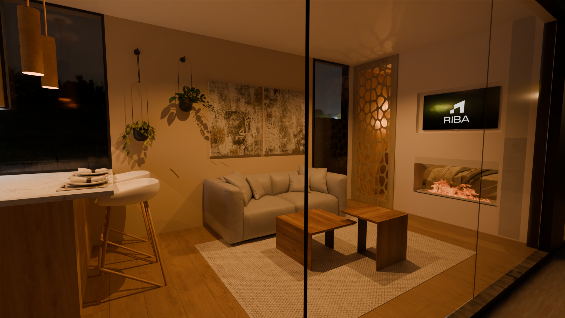 Interior de vivienda de construcción modular con salón moderno y diseño contemporáneo