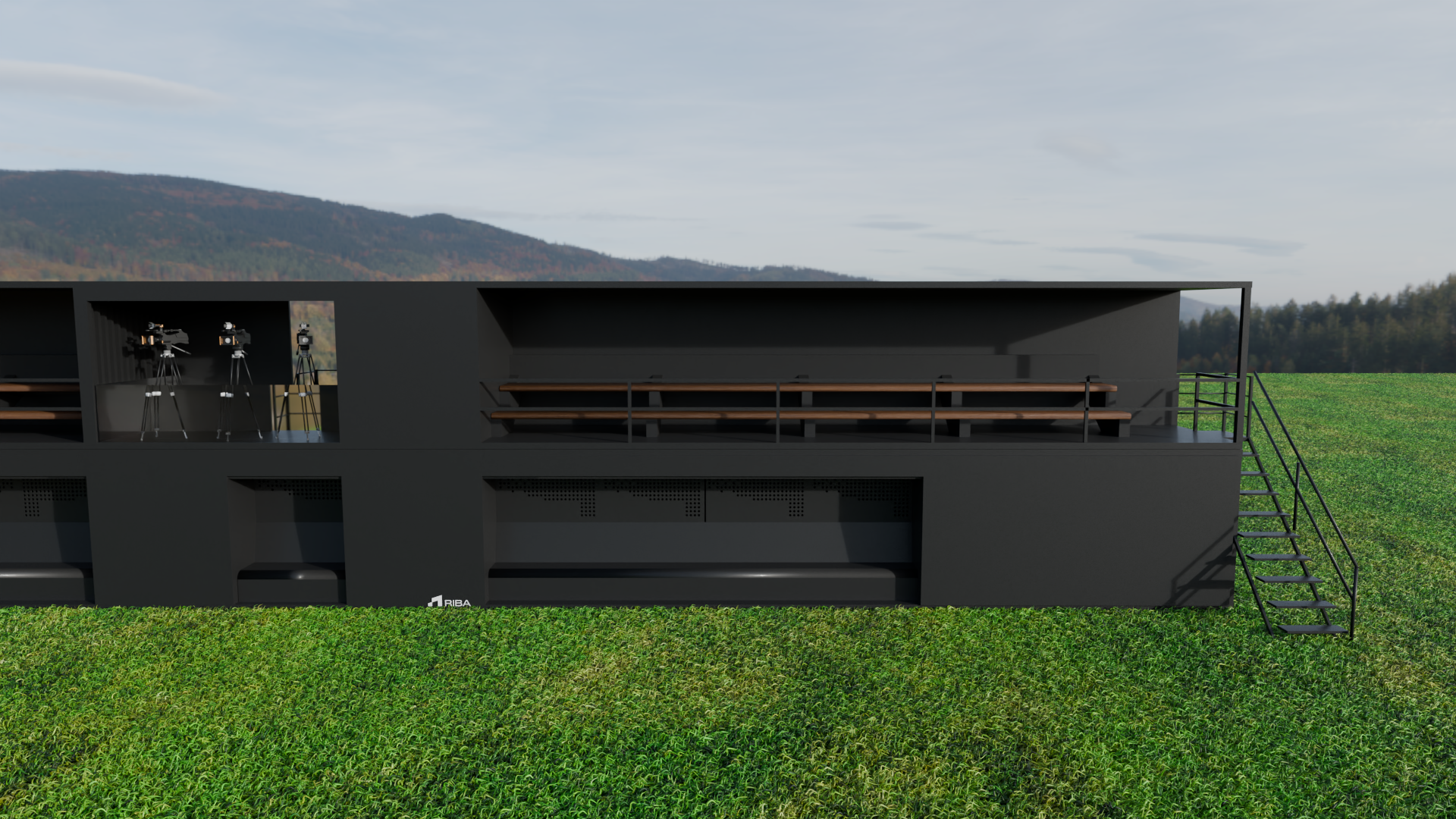 Módulo modular para eventos con graderío cubierto, cabina técnica y escalera exterior