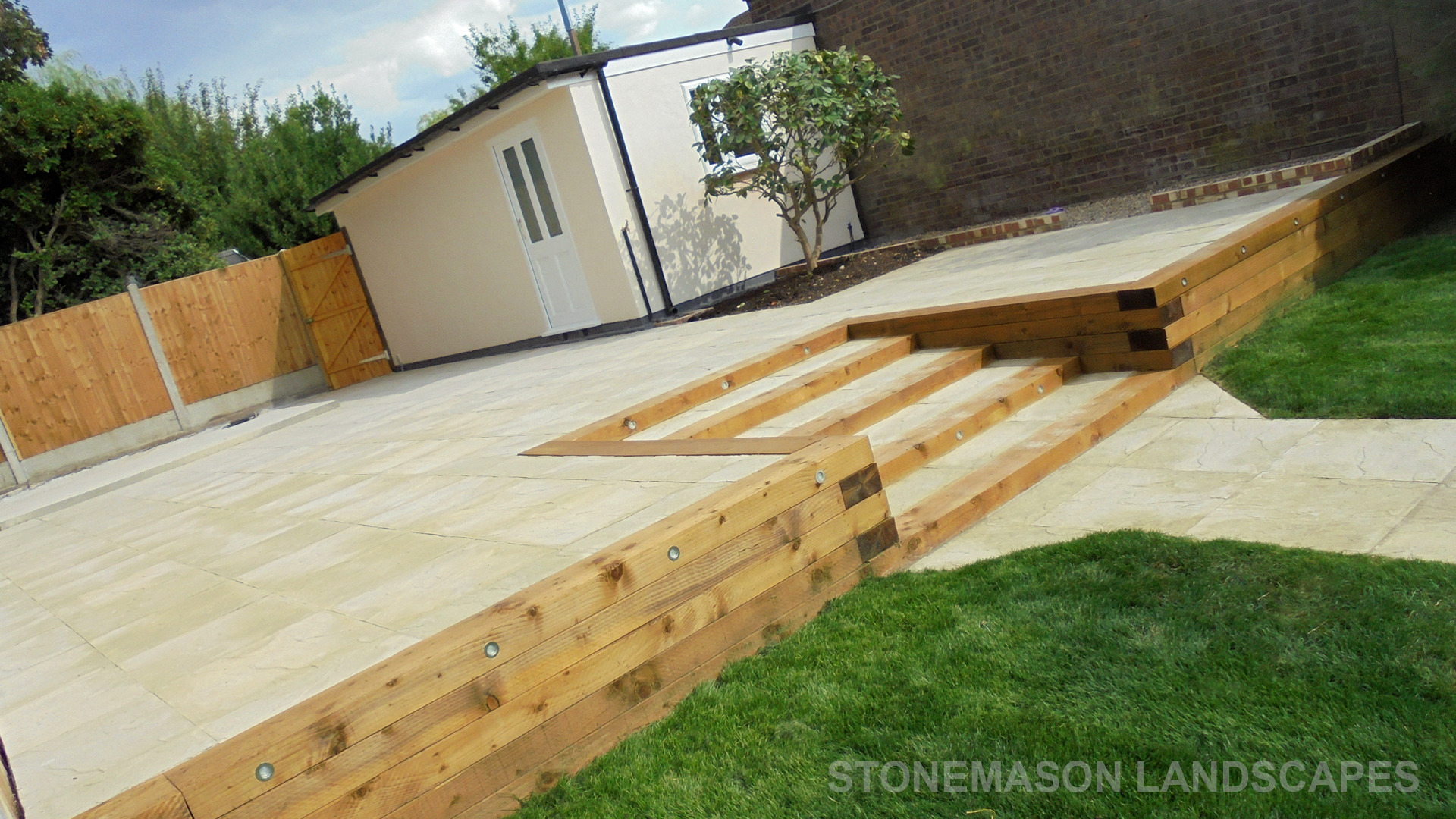 Large multi-level tiered garden makeover, sleeper retaining wall and steps elevated garden