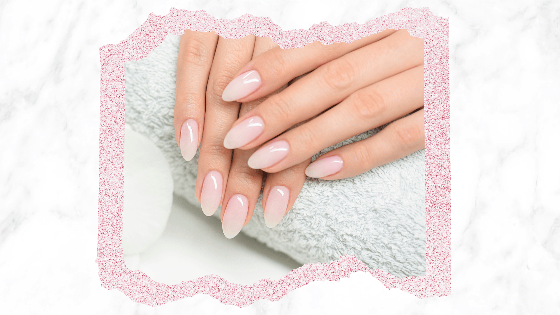 Elegant almond-shaped ombre french manicure on a light blue towel backdrop.