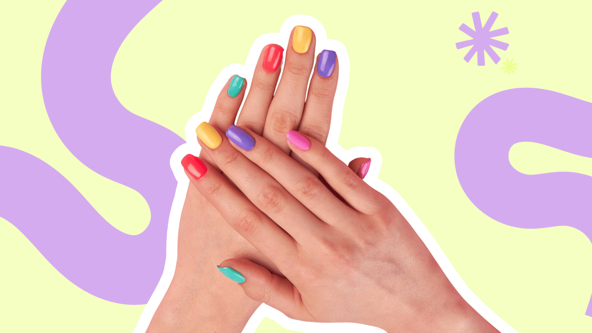 Hands with colorful rainbow manicured nails on a vibrant yellow and purple background.