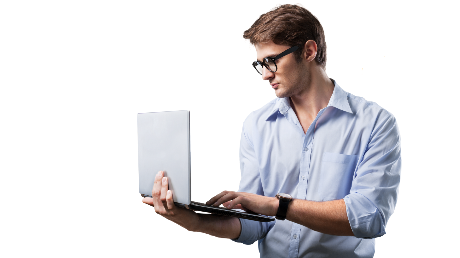 a man in a blue shirt and glasses is holding a laptop