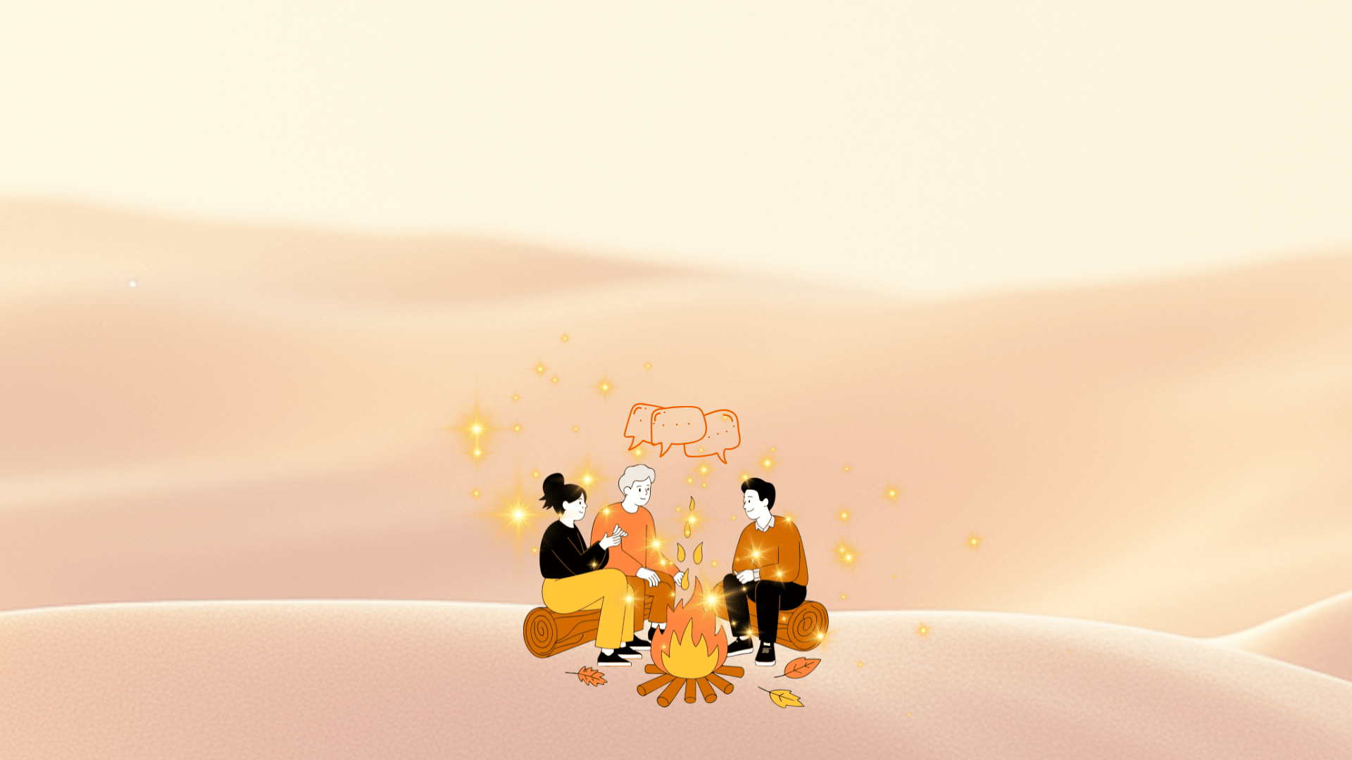 Illustration de trois amis discutant autour d'un feu de camp dans un paysage désertique chaleureux.