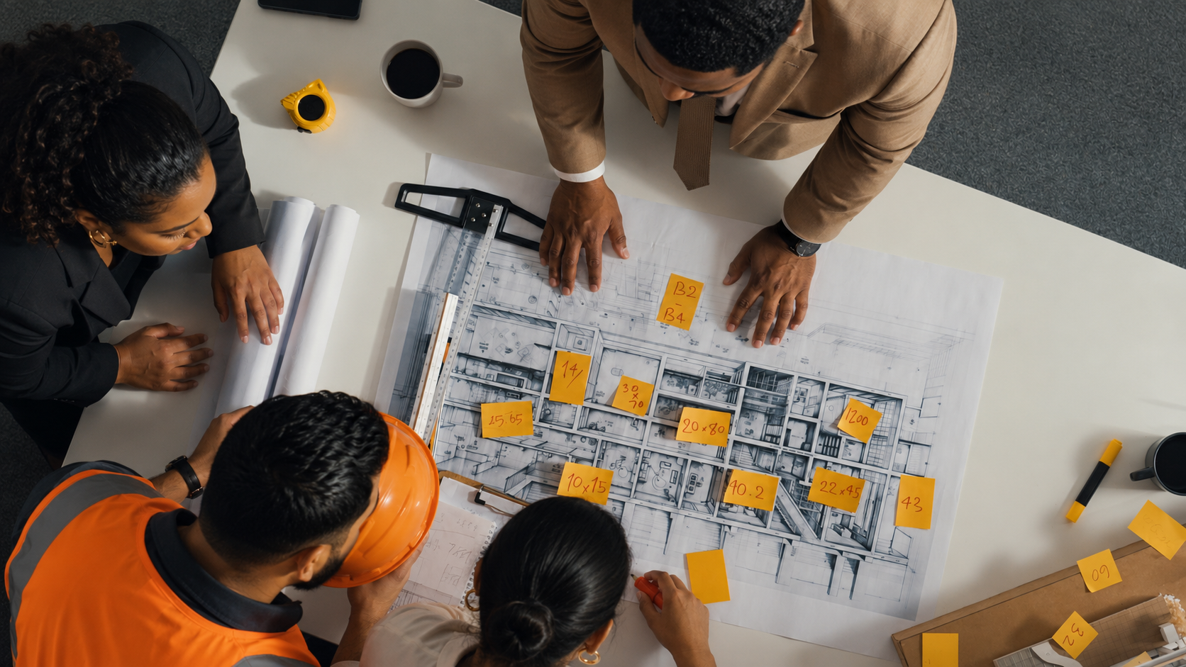 Construction team reviewing architectural blueprints with sticky notes during a planning meeting