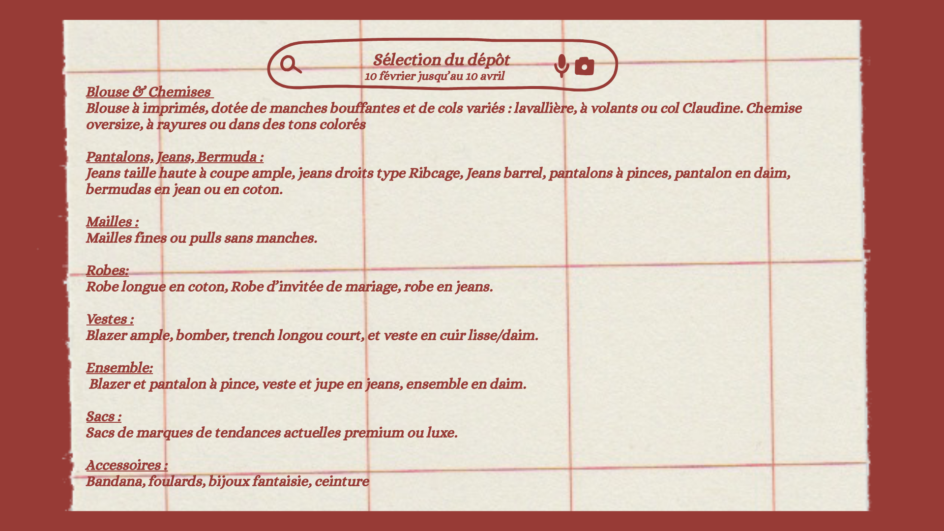 Sélections dépôt-vente vêtements mode actuelle femmes du 10 février au 10 avril 2026