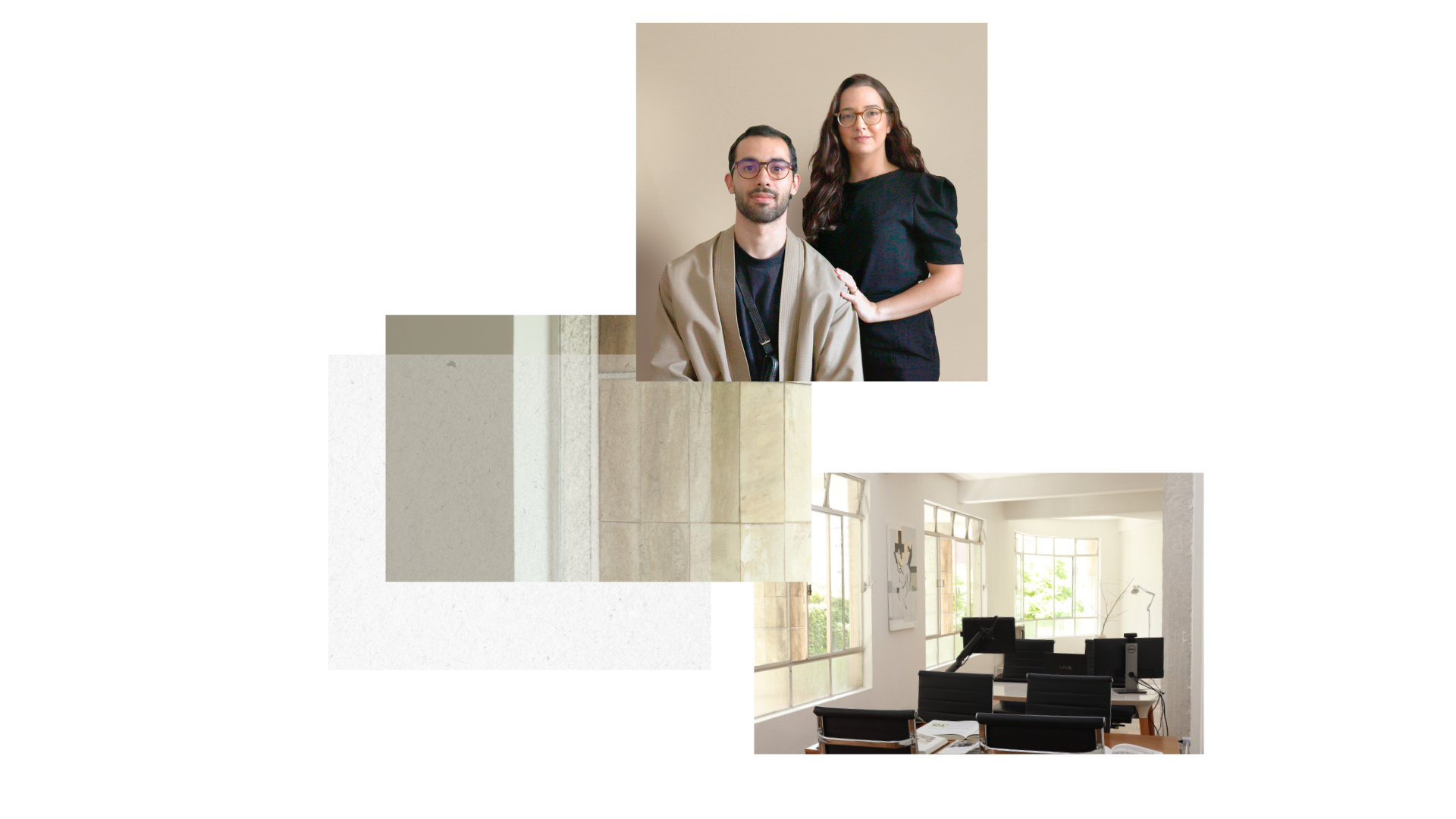 Professional creative team portrait alongside a minimalist office workspace with computer monitors.