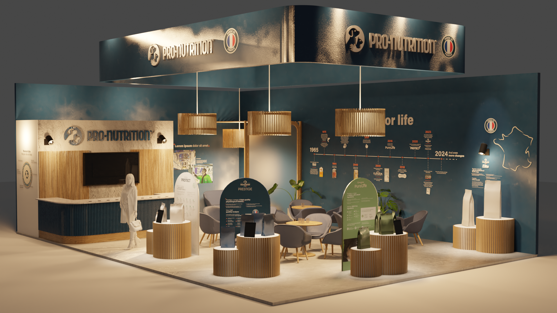 Création et modélisation 3D du stand Interzoo de la marque Sopral, spécialisé en nourriture pour animaux par Tuuk studio