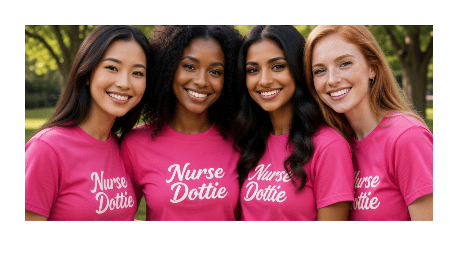 A diverse group of four female nurses smiling and wearing matching pink Nurse Dottie t-shirts outdoors.