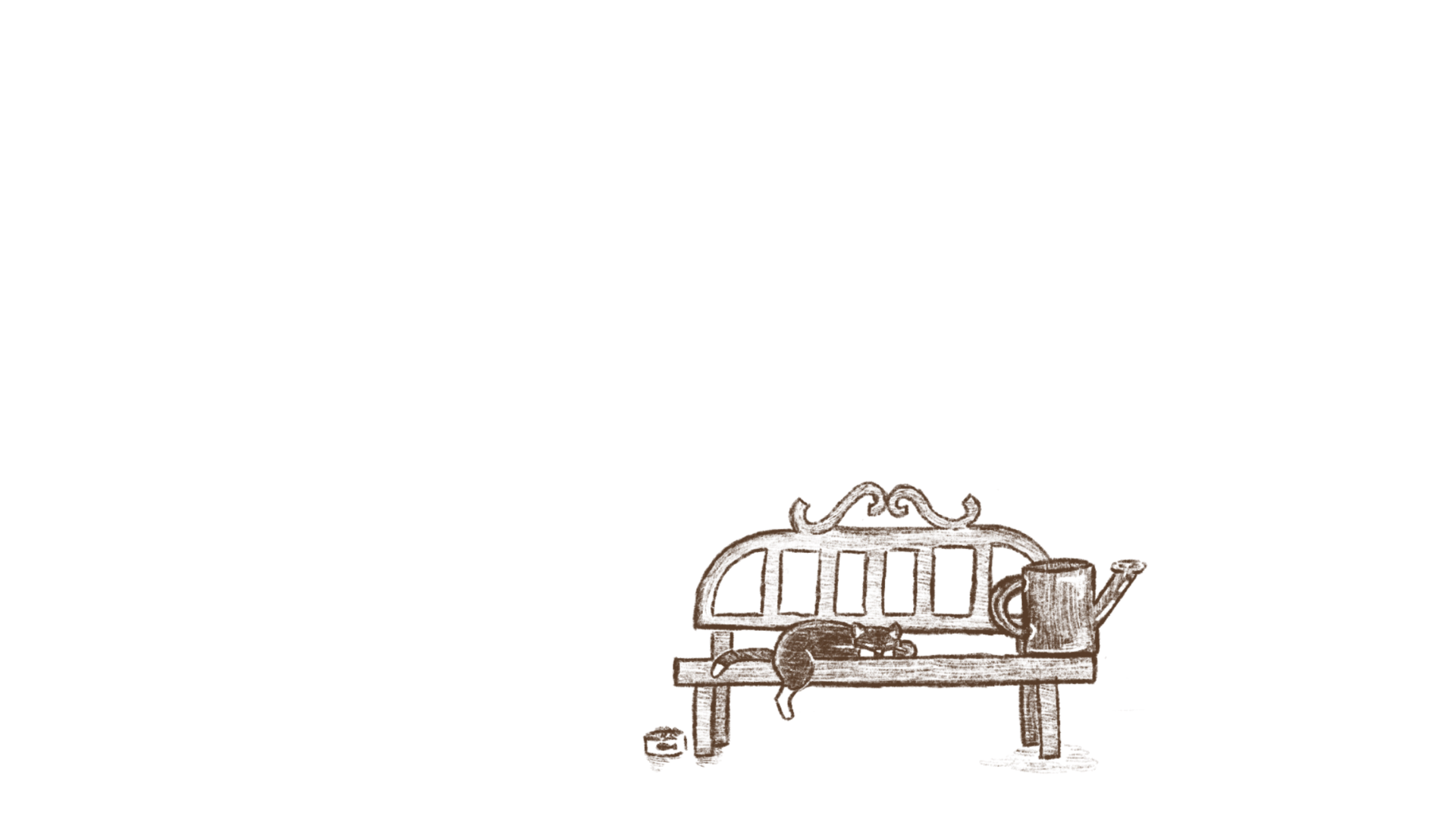 Hand-drawn sketch of a cat napping on a garden bench next to a watering can.