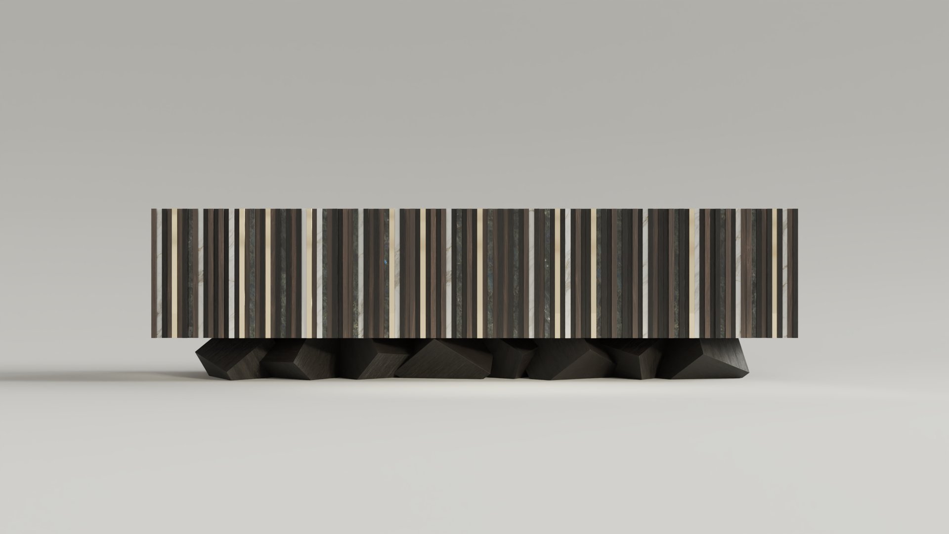 Enfilade série Pyrite en labradorite, marbre blanc, noyer, laiton poli, moabi teinté noir