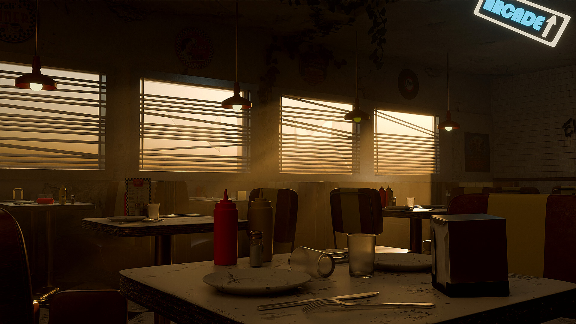 Mesa con cubiertos, vasos y botes de salsas de un restaurante y al final la luz del sol entrando por la ventana.
