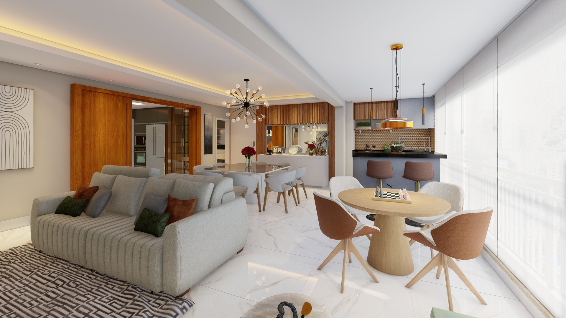 Sala de estar moderna com iluminação natural em apartamento em São Paulo - Morumbi