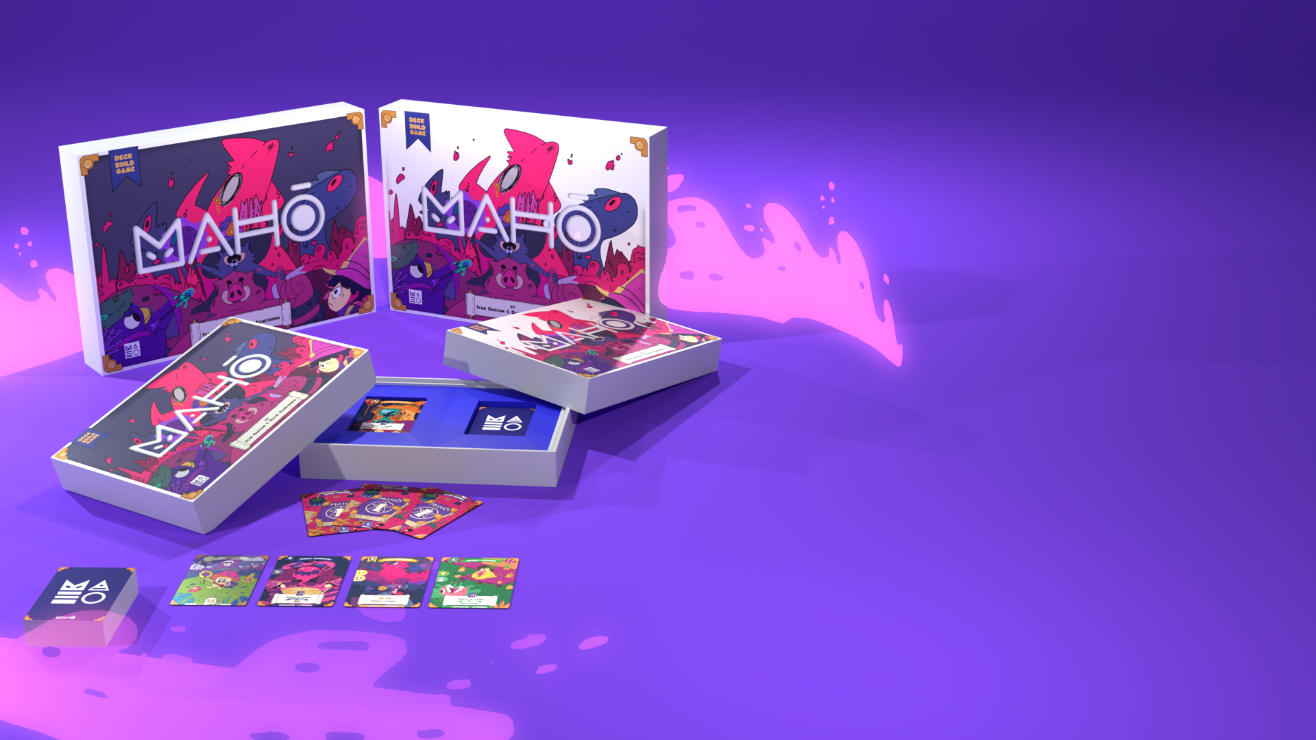 Caja con contenido de Maho, juego de mesa de construcción de mazos para 2 a 4 jugadores