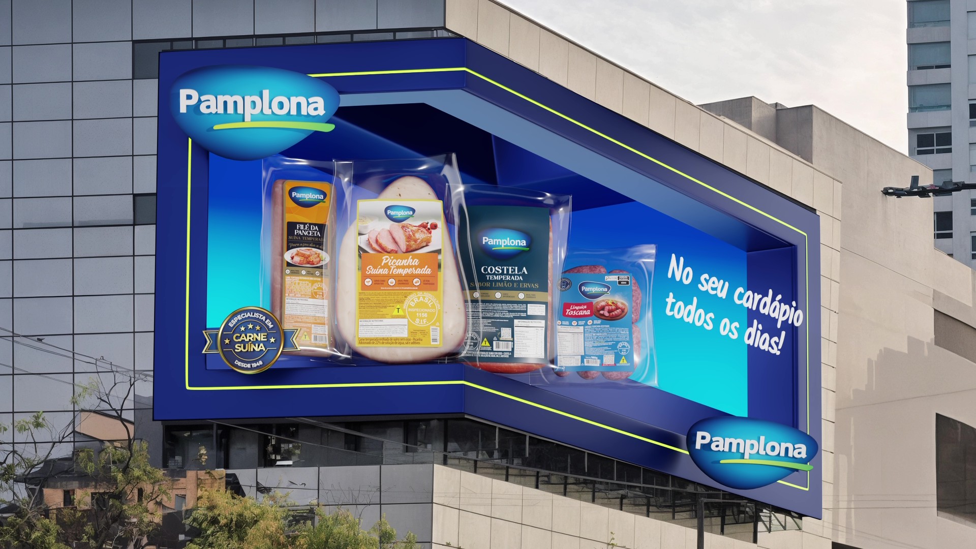 Billboard Telão 3D exibindo um vídeo 3D da Pamplona Alimentos, desenvolvido por Neopixel Digital