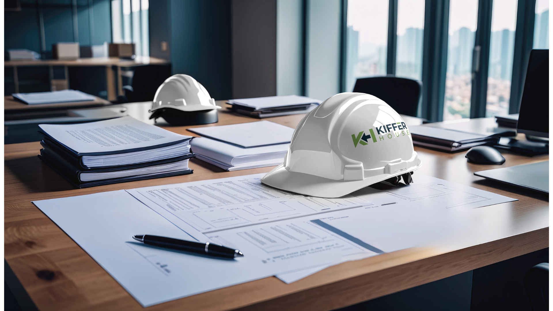 White safety hard hat with logo on a wooden office desk with blueprints and construction plans.