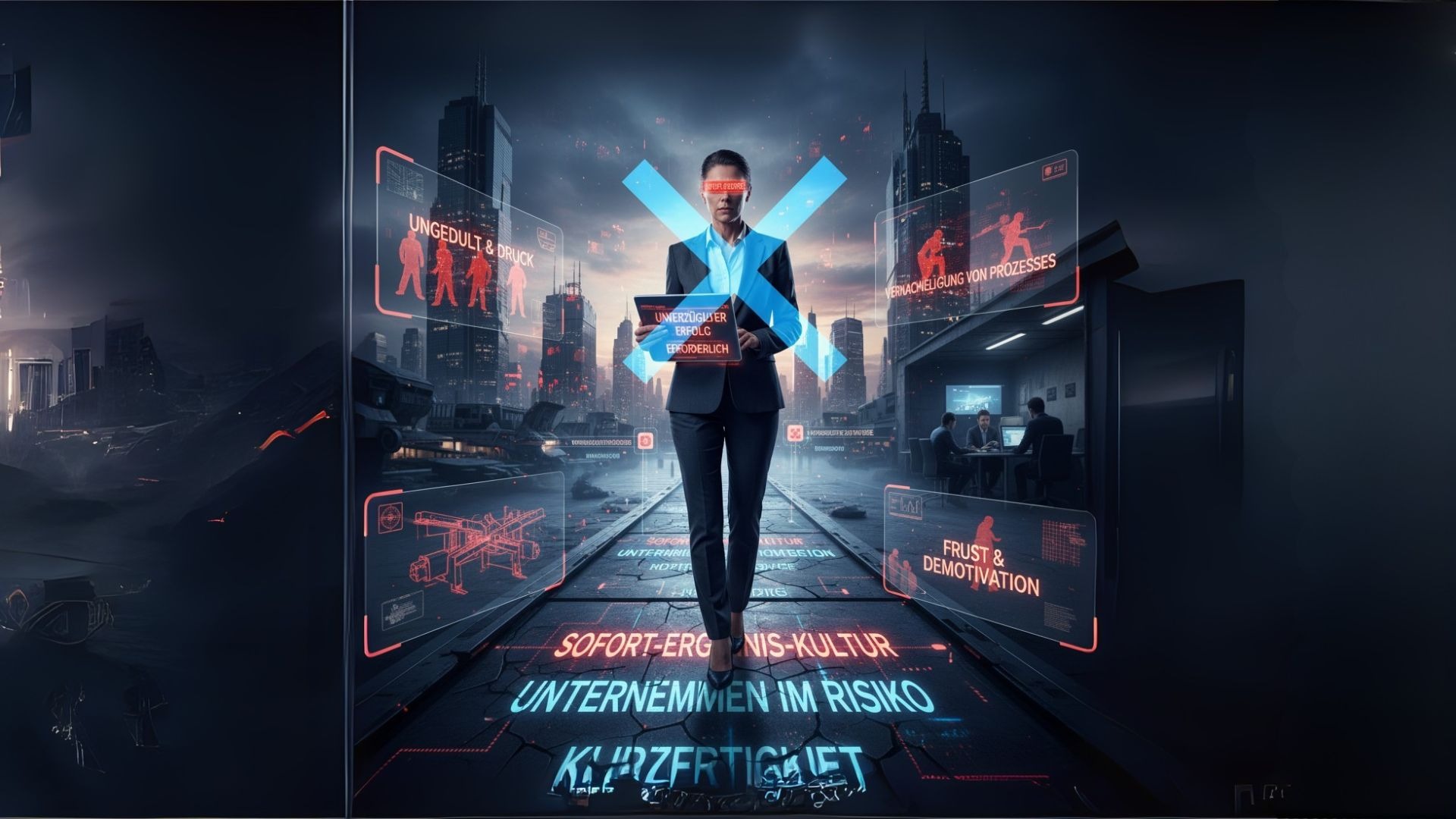 Frau vor Schilder mit Folgen von Sofort-Ergebnis-Kultur