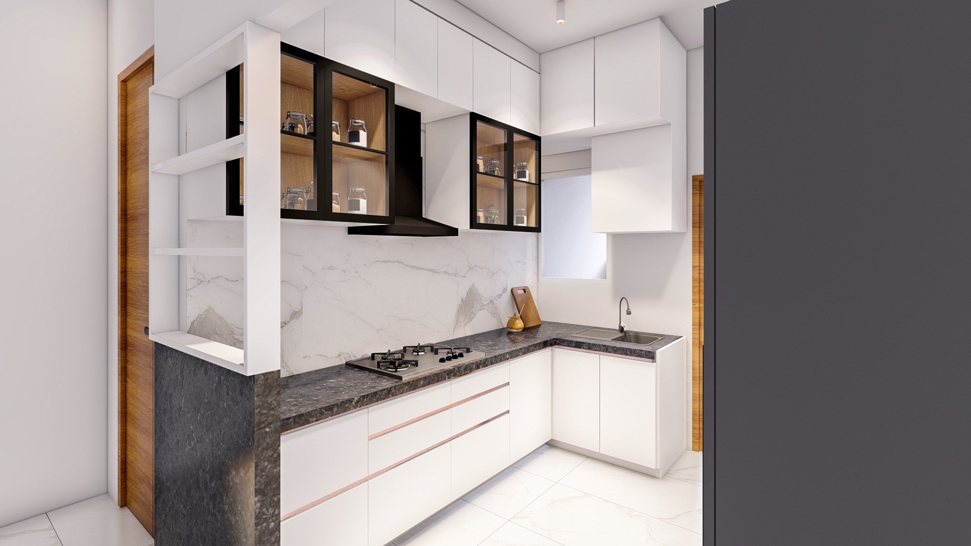 White kitchen interior design with storage area and chimney