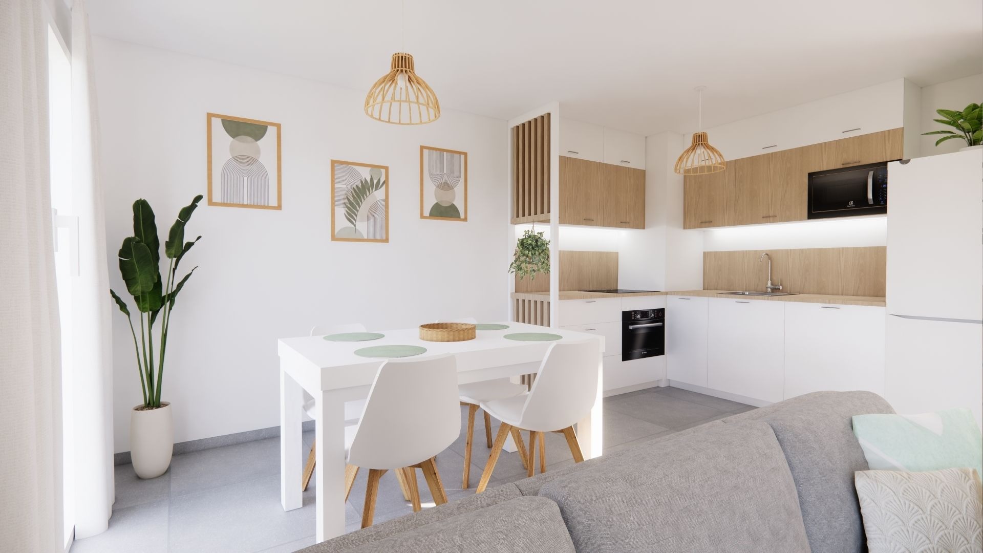 Cuisine blanche et bois cadre déco et plante