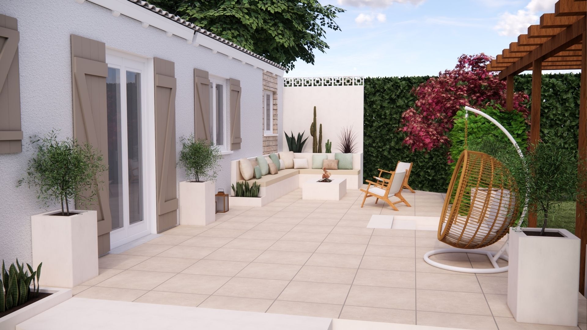 Aménagement et décoration d'une terrasse sur plot avec canapé d'angle jardinière en béton cellulaire