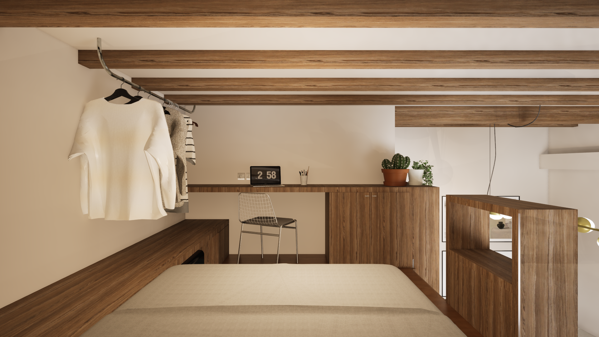 Mezzanine T1 bis Lyon Airbnb avec lit bureau et penderie aménagement sur 27m²