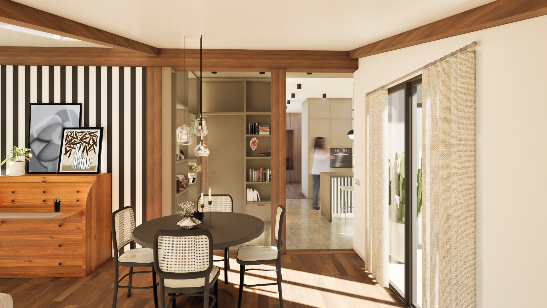 Salle à manger aménagement poutres apparentes décoration intérieure - Projet familial Lyon