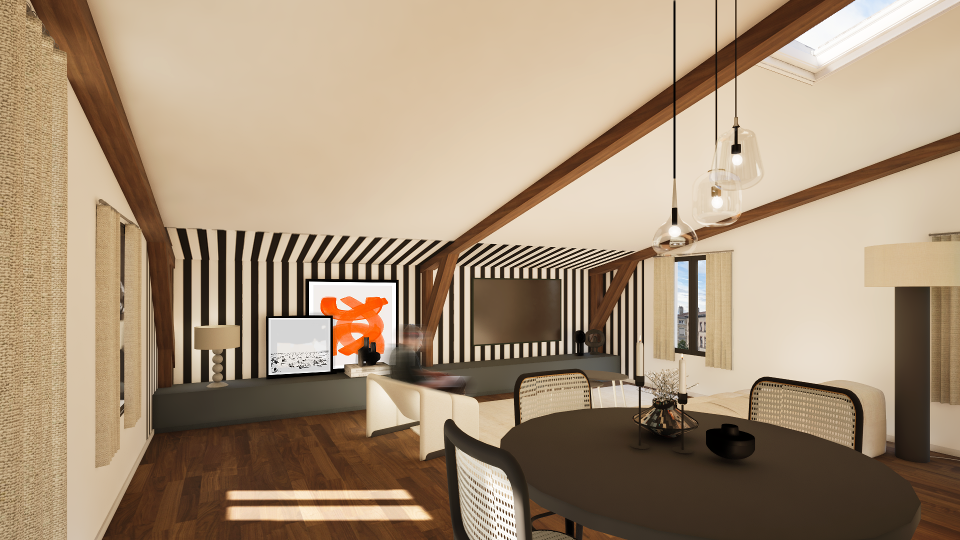 Salon-salle à manger rénové avec plafond pente architecture intérieure - Lyon