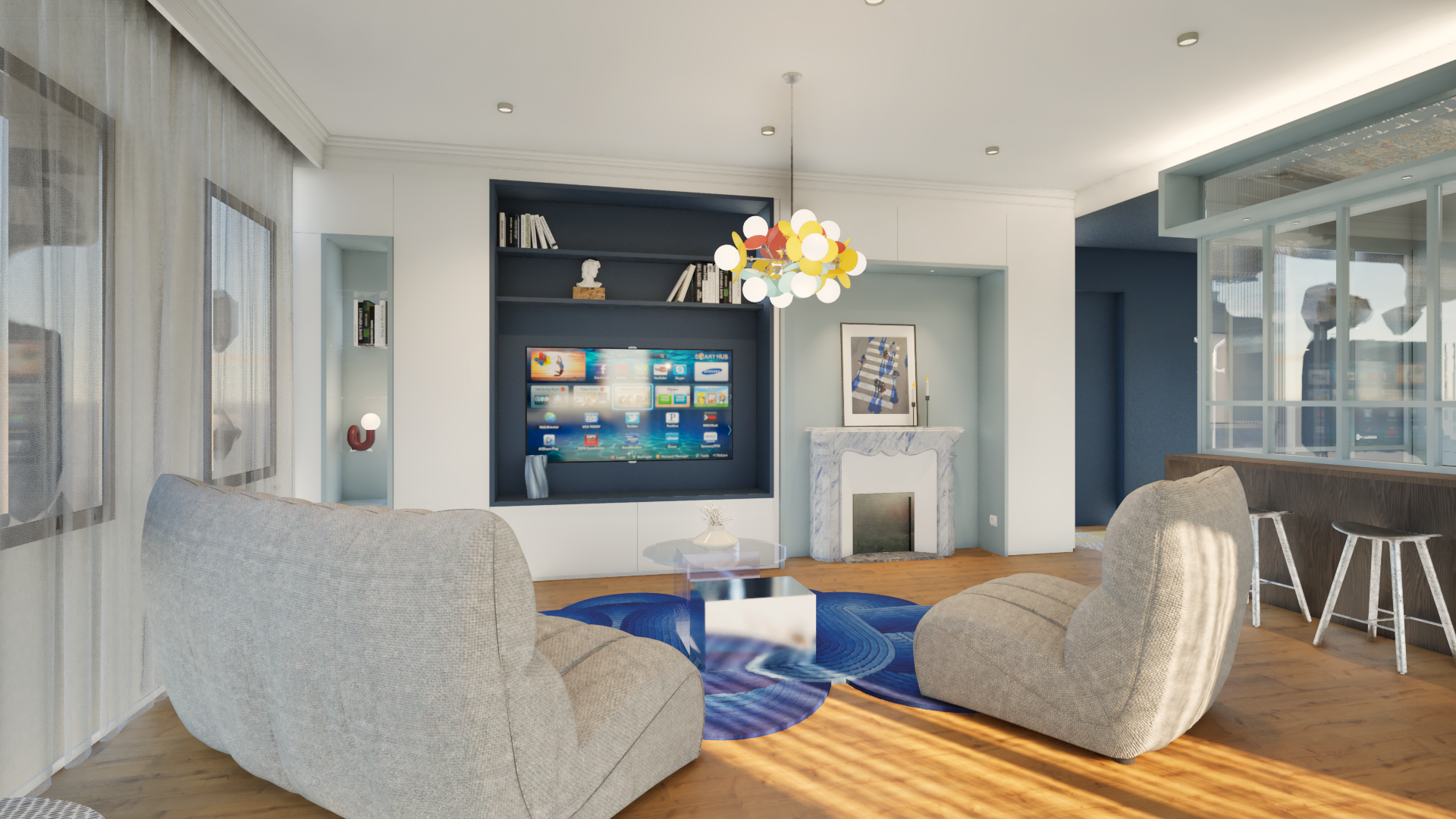 Salon rénovation T3 canapé rangements bleu aménagement intérieur - Projet Moulin Lyon