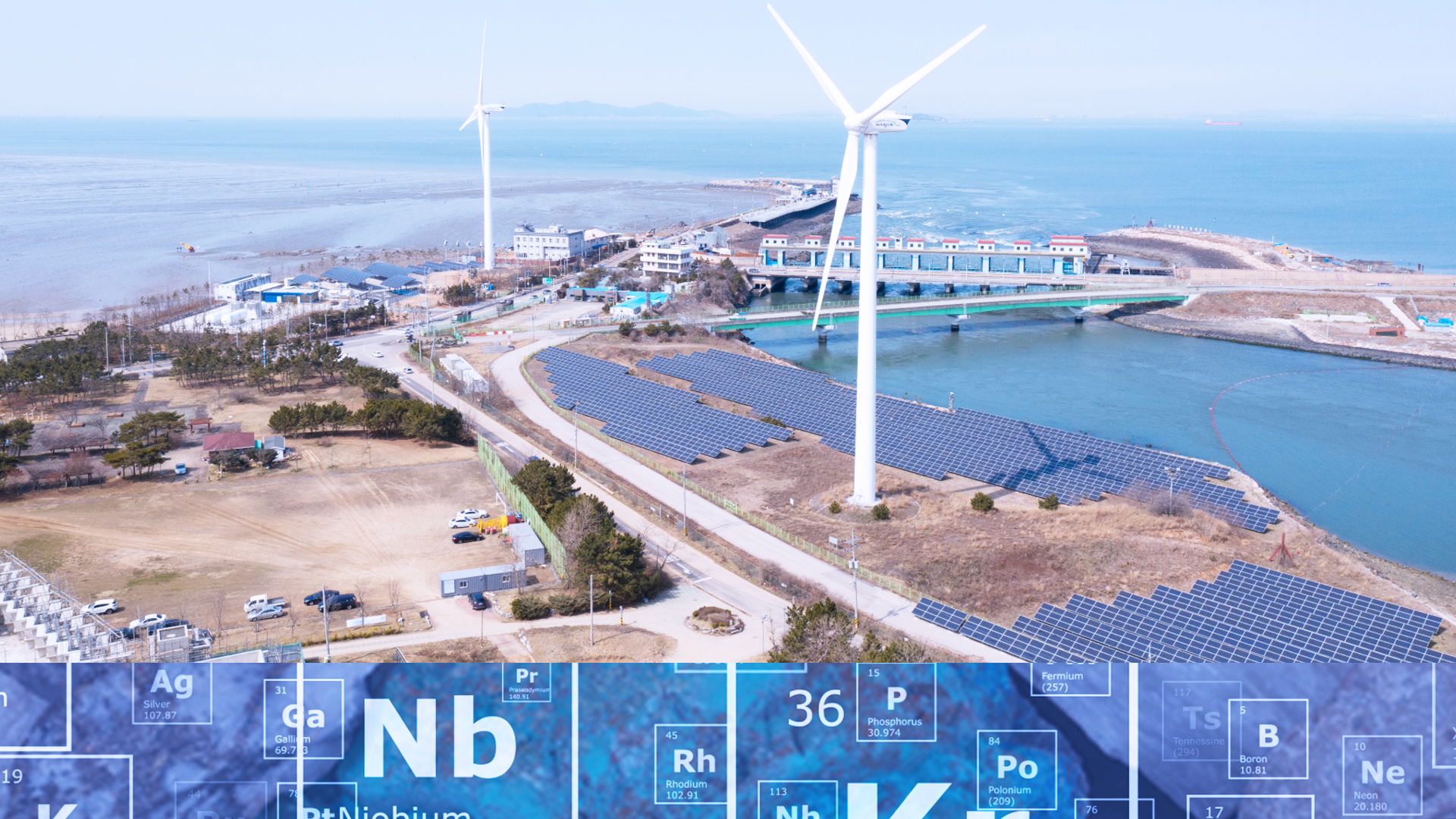 Aerial coastline with wind farm overlaid by periodic-table—concept visual for rare-earth separation.