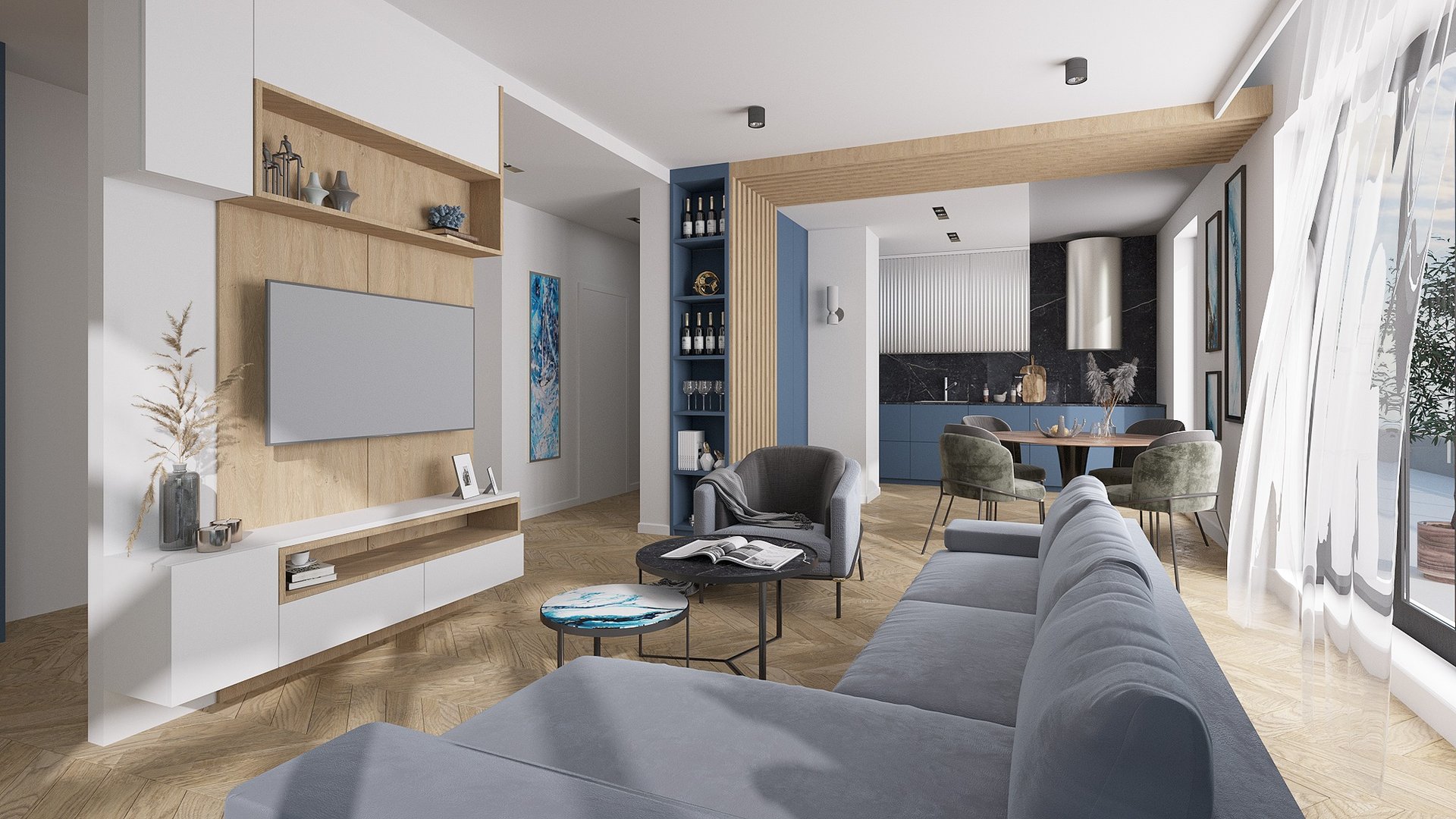 Szczecin apartamenty na sprzedaż – nowoczesne wnętrze mieszkania z salonem i kuchnią, wysoki standard wykończenia