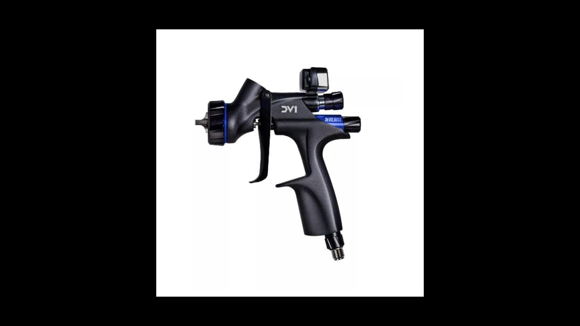 Professional DeVilbiss DV1 automotive spray gun with a matte black finish and digital gauge.