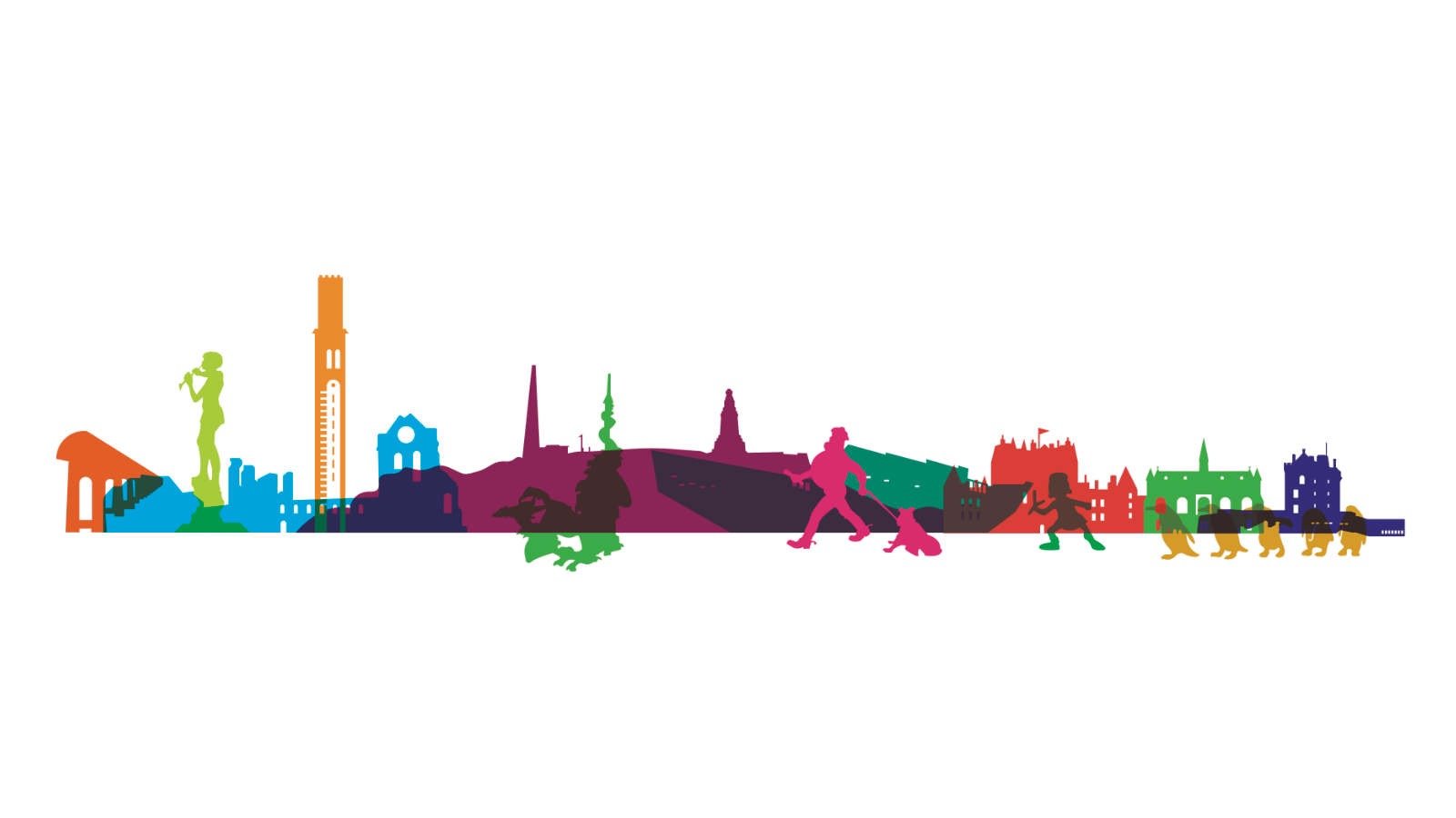 Colorful silhouette of Edinburgh skyline landmarks including Edinburgh Castle and Scott Monument.