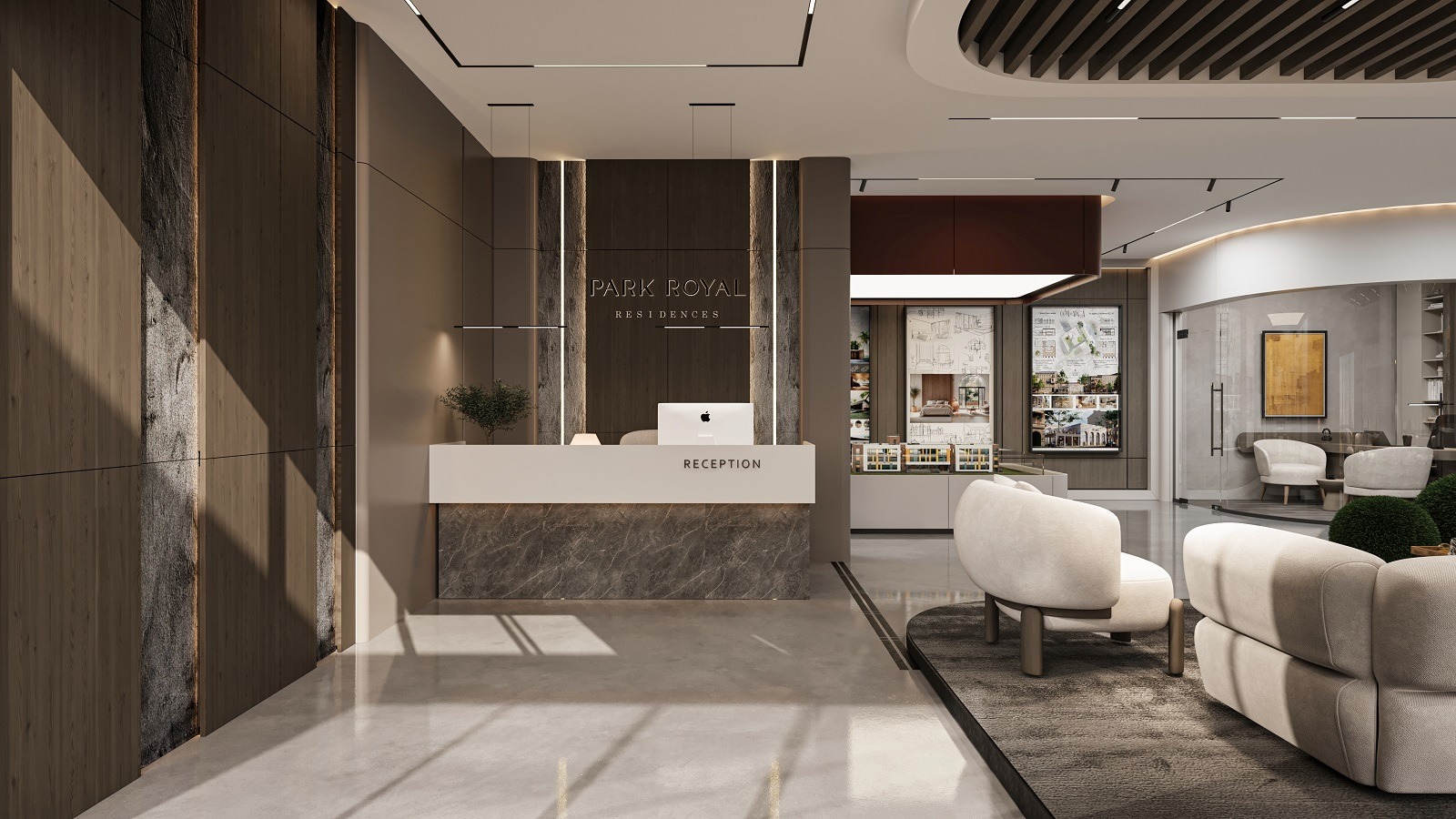 Antalya Park Royal Residences satış ofisi iç mimari tasarımı.