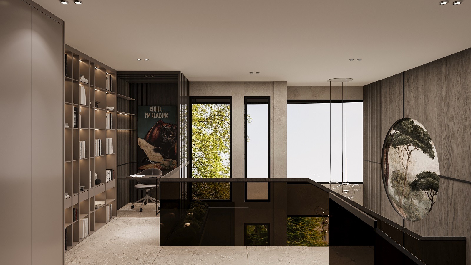 Villa T Antalya üst kat galeri boşluğu ve çalışma alanı-La Féra Interior Design