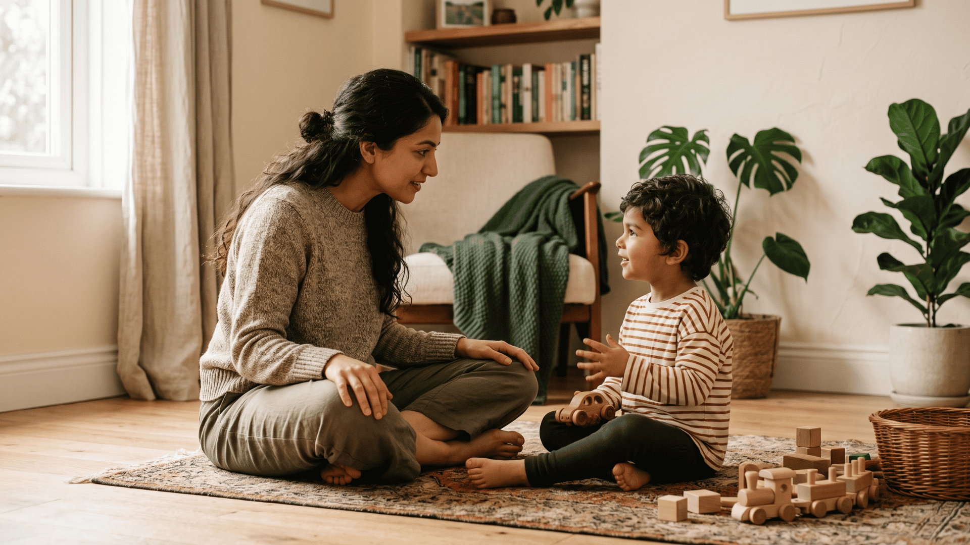 Parent listening to child at eye level, showing trust and boundaries