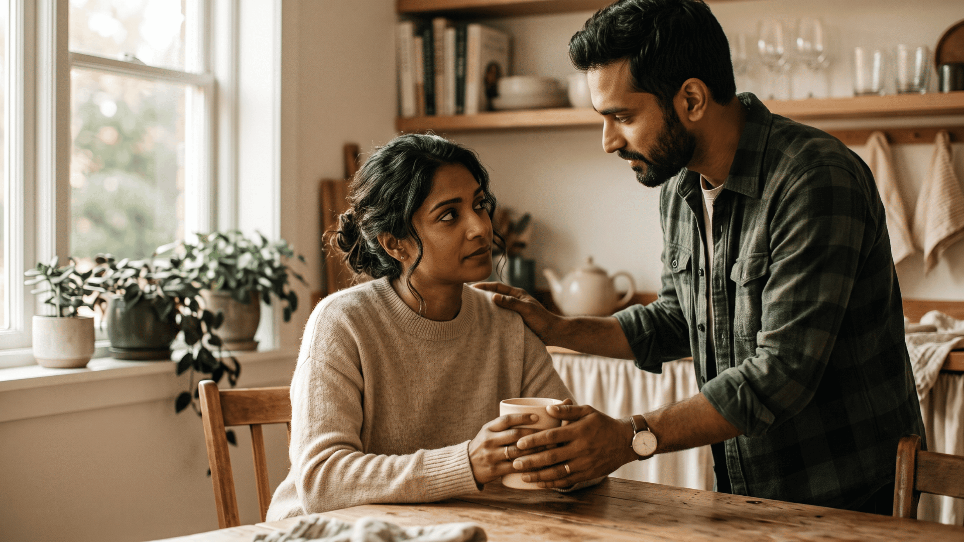 Couple sharing a tender moment of support in a kitchen