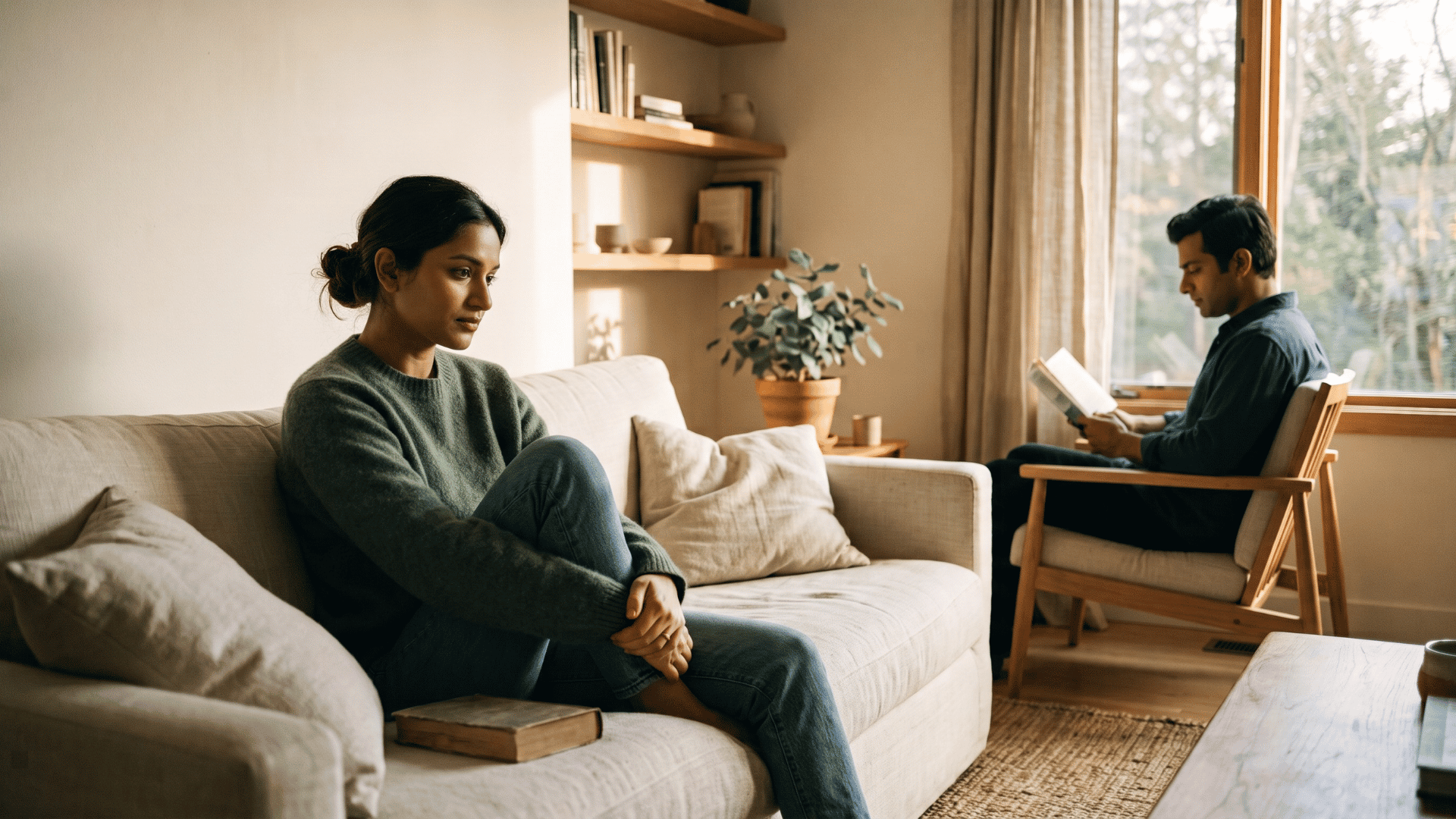 Couple in a quiet room illustrating relational distance and subtle anxiety