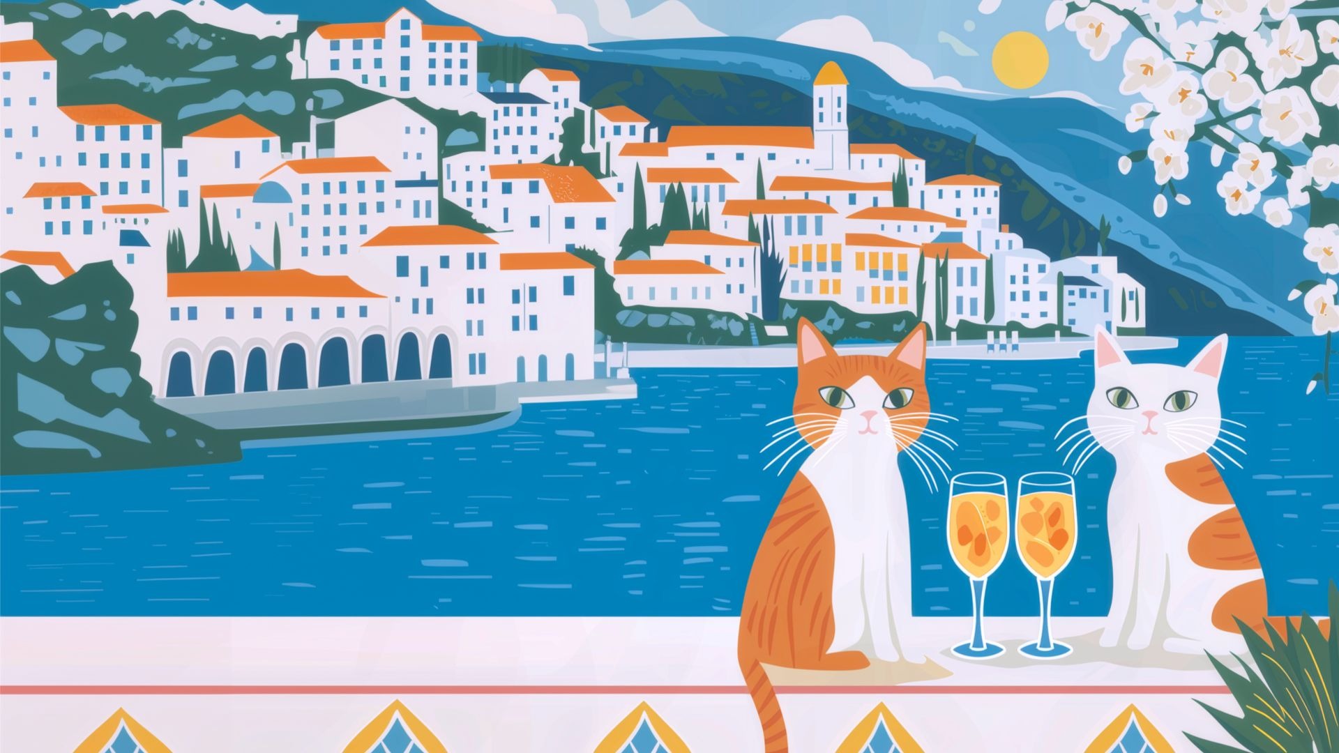 Illustration of two cats with cocktails on a balcony overlooking a Mediterranean coastal village.