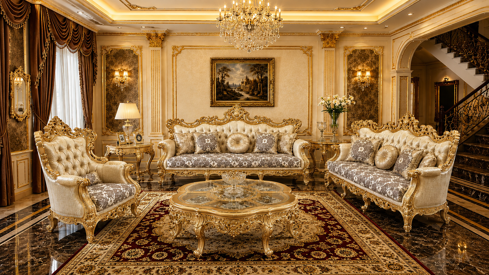Luxurious baroque living room featuring ornate gold-leaf furniture, crystal chandelier, and classic oil painting.