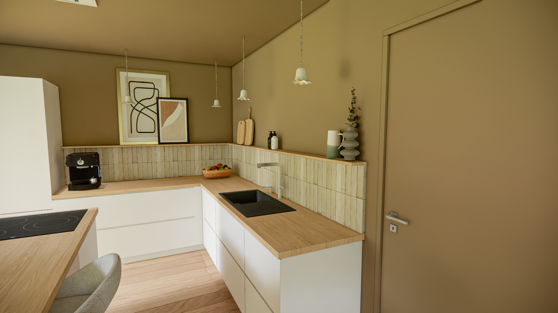 Cuisine équipée, ton blanc et bois