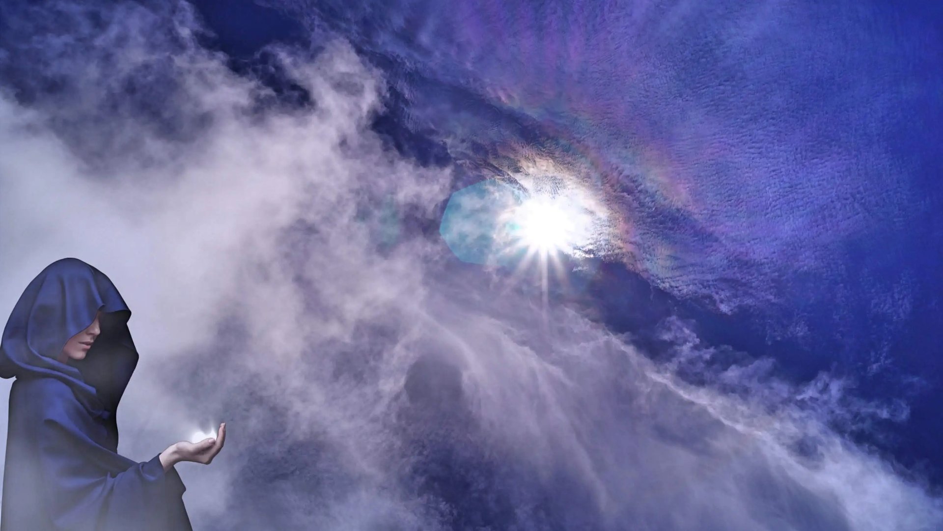 Gravity, Rainbows, and Destiny: Welcome to Phenomena. A hooded woman holding living light in her hand under a sunlit sky.