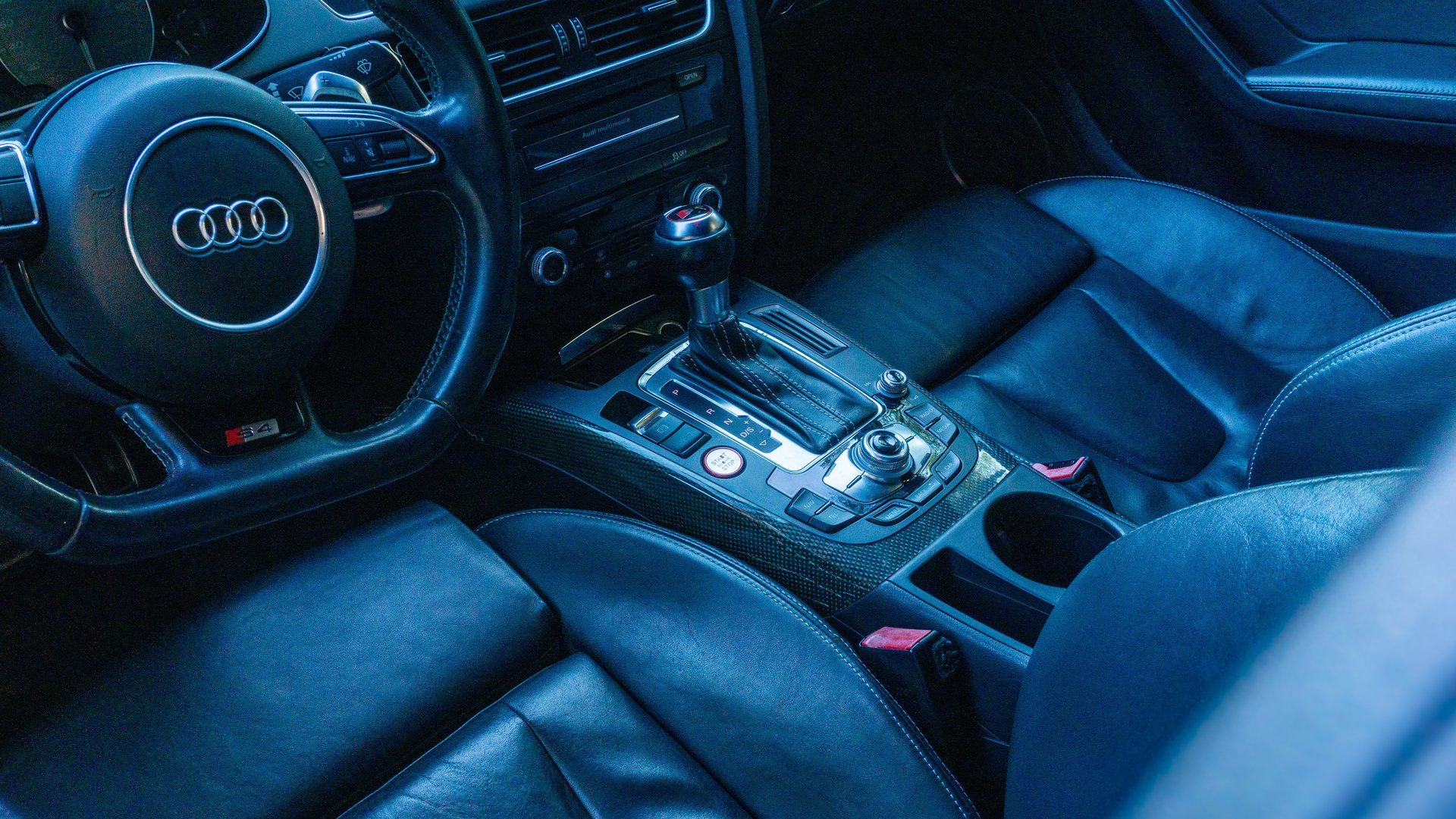 Interior of a clean Audi, after detailing job, the car has lather seats and staring wheel